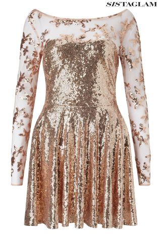 Sistaglam Sheer Mesh Sequin Skater Dress